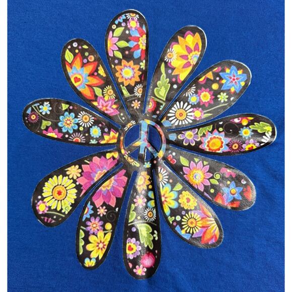 Blue Peace Sign Daisy Flower Power T-Shirt XL Hippie Retro Festival Tee - Picture 3 of 6